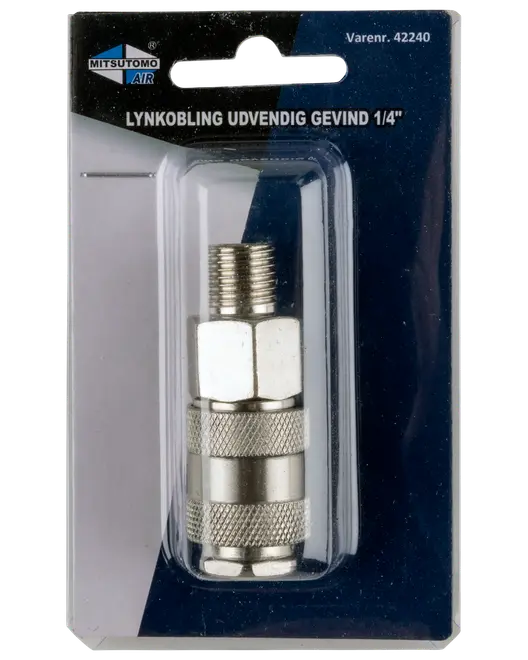 Metalkobling med 1/4" udvendigt gevind, sølvfarvet, riflet greb for nem håndtering, pakket i klar plastblister på blå baggrund. Velegnet til luftværktøj og kompressorer.