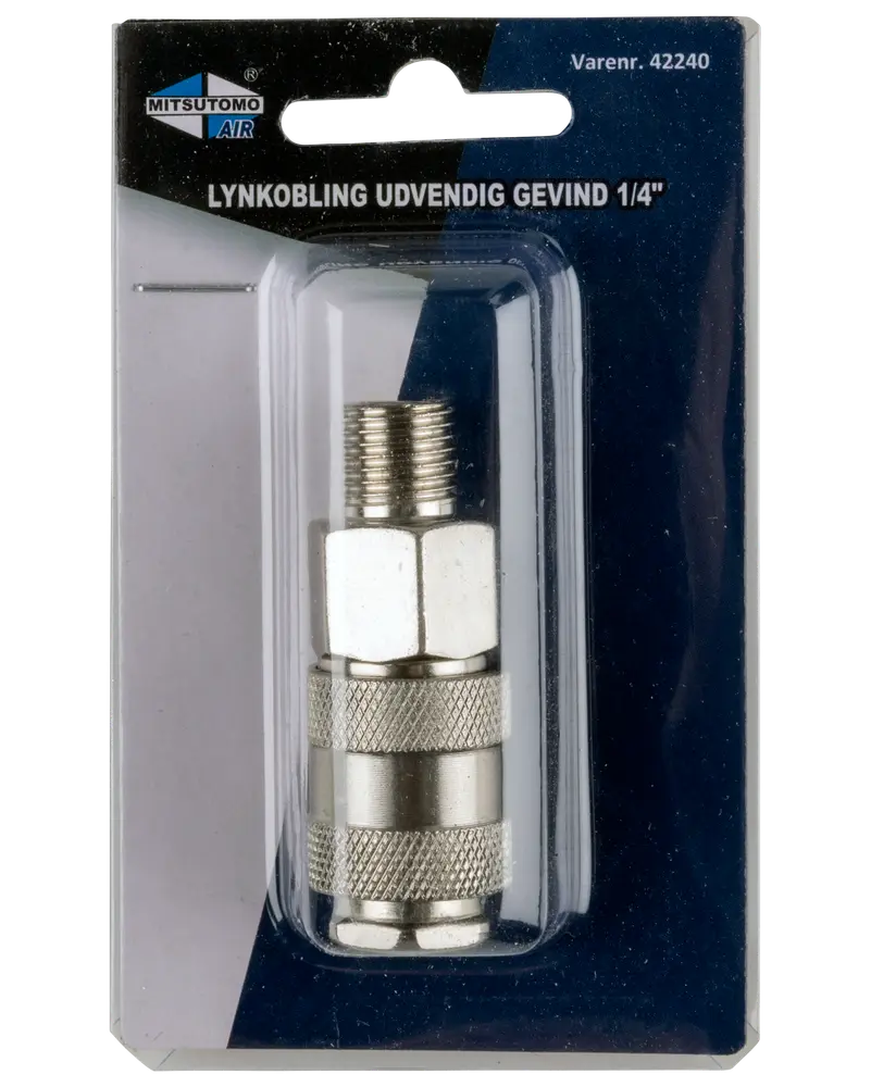 Metalkobling med 1/4" udvendigt gevind, sølvfarvet, riflet greb for nem håndtering, pakket i klar plastblister på blå baggrund. Velegnet til luftværktøj og kompressorer.