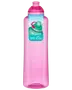 Pink plastvandflaske med skruelåg, præget "sistema" logo, fri for BPA og phthalater, fremstillet i New Zealand, ideel til daglig hydrering.