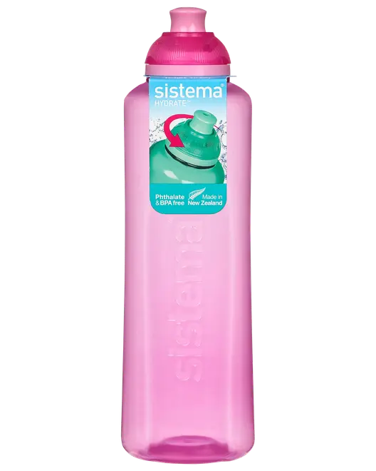 Pink plastvandflaske med skruelåg, præget "sistema" logo, fri for BPA og phthalater, fremstillet i New Zealand, ideel til daglig hydrering.