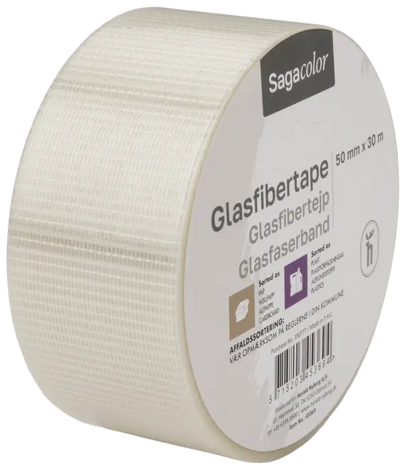 Sagacolor glasfibertape, 50 mm x 30 m. Hvid, struktureret overflade, stærk og holdbar til reparationer eller forstærkning. Velegnet til byggeri og gør-det-selv.