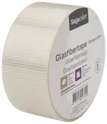 Sagacolor glasfibertape, 50 mm x 30 m. Hvid, struktureret overflade, stærk og holdbar til reparationer eller forstærkning. Velegnet til byggeri og gør-det-selv.