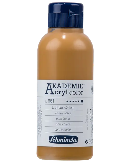 500 ml flaska Schmincke Akademie akrylfärg i gul ockra, med blått skruvlock och vit etikett med produktinformation på flera språk.