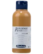 500 ml flaska Schmincke Akademie akrylfärg i gul ockra, med blått skruvlock och vit etikett med produktinformation på flera språk.