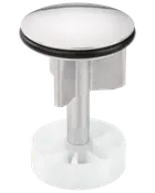 Rund afløbsprop med krombelagt top, sort gummiring, metalstang og hvid plastbund. Passer til standardvaske og sikrer tæt lukning for at forhindre vandlækage.