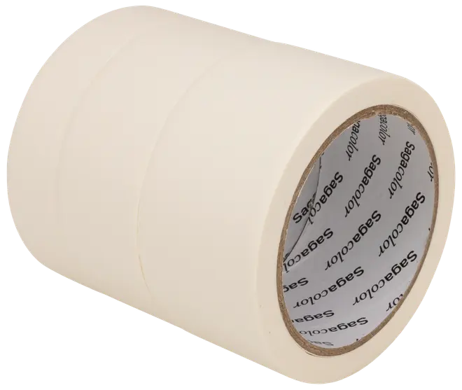 Tre ruller beige malertape med glat overflade og papkerne med mærke. Velegnet til maling, mærkning eller generel brug.