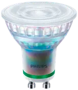 Philips LED-spotlampa med GU10-sockel, klar lins och silverfärgad kropp. Energibesparande, passar för riktad belysning. Kompakt, modern design med grön accentring.