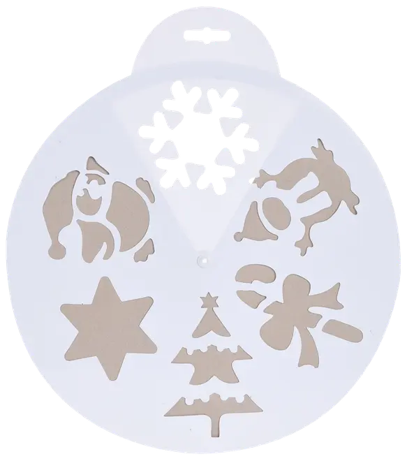 Vit plastmall med sex julmotiv: tomte, ren, snöflinga, stjärna, julgran och rosett. Perfekt för kak- eller pysseldekoration till jul.