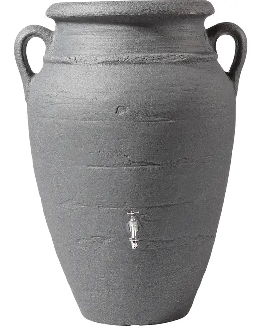 Stor grå regntunna med två sidhandtag, texturerad yta och metallkran nära botten för enkel tappning. Klassisk urnform, lämplig för utomhusbruk.