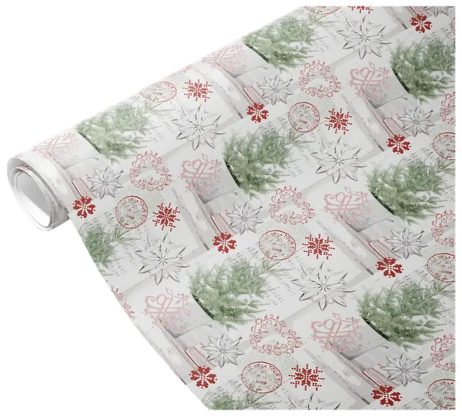 Rulle med julklappspapper med vit bakgrund, gröna träd, röda snöflingor, silverstjärnor och rosa julmotiv.