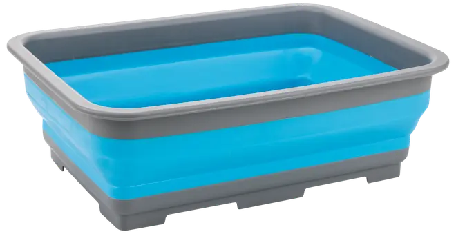 Rektangulær sammenklappelig plastbalje med blå sider og grå kant og bund. Velegnet til vask eller opbevaring, let og pladsbesparende til hjemmet eller camping.