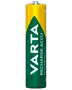 Ett VARTA Recharge Accu AA-uppladdningsbart batteri i grönt och gult, märkt 1,2 V, Ni-MH, HR03, 800 mAh.
