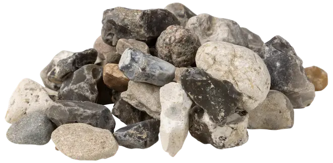 En bun blandede flintesten i forskellige former og størrelser, med grå, hvide og brune nuancer. Velegnet til dekoration, akvarier eller hobbyprojekter.