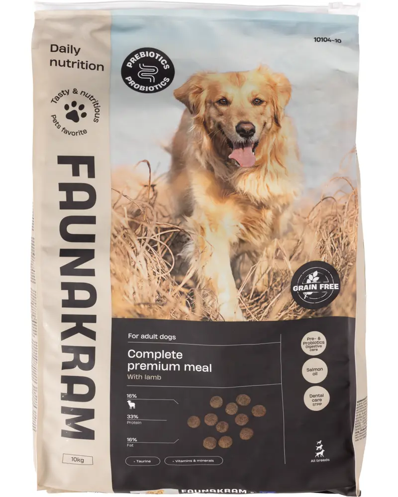 Pose med Faunakram fuldfoder til voksne hunde, lammesmag, kornfri, med præbiotika, probiotika, lakseolie og tandpleje. 10 kg, egnet til alle racer.