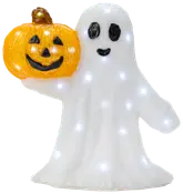 Halloween dekoration med en smilende spøgelse, der holder en glad græskar. Spøgelset er oplyst med små hvide LED-lys, hvilket skaber en festlig og sjov stemning.