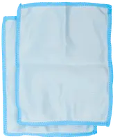 Två ljusblå mikrofiberdukar med blå kant, mjuk yta, passar för dammtorkning, polering och allmän rengöring av olika ytor.