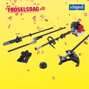 Multifunktions havemaskinesæt med motor, hækkeklipper, kædesav, buskrydder, forlængerstang, sele og trådspole. Alle dele er adskilt og vist på gul baggrund.