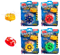 Sæt med snurretoppe i blå, rød, gul og grøn, hver i blisterpakning. Toppe laver rigtige gnister ved spin. Velegnet til børn, med optræksmekanisme.