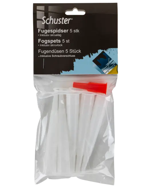 Förpackning med 5 vita plastmunstycken för fogmassa och ett rött skruvlock. Munstyckena är avsmalnande för exakt applicering. Levereras i genomskinlig plastpåse.