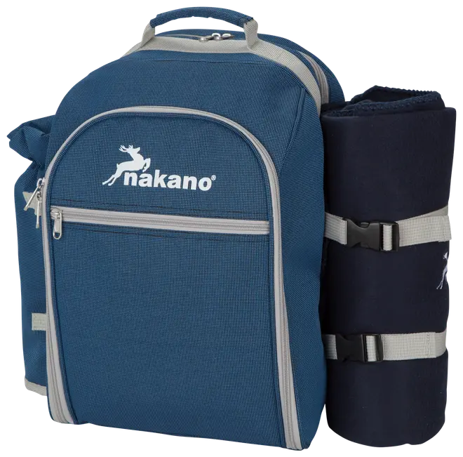 Blå isoleret picnicrygsæk med frontlynlåslomme, sidelomme til flaske og fastgjort tæppe rullet sammen med stropper. Nakano-logo og solid bærehåndtag øverst.