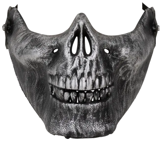 Svart och vit halvmask med dödskallemotiv, detaljerade tänder och näsa, texturerad yta samt elastiska band. Perfekt för maskerader, Halloween eller temafester.
