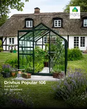 Halls Greenhouses drivhus Popular 106 på 6,2 m² inkl. fundament, vist i have foran hus.