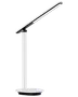 Moderne hvid LED-skrivebordslampe med justerbar arm, slankt rektangulært lampehoved og rund fod. Minimalistisk design, ideel til kontor eller studie.