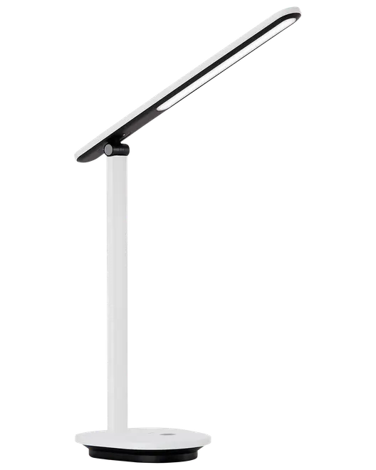 Moderne hvid LED-skrivebordslampe med justerbar arm, slankt rektangulært lampehoved og rund fod. Minimalistisk design, ideel til kontor eller studie.