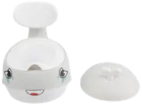 Vit plastpotta för småbarn med leende ansikte, hög rygg, löstagbar skål och separat lock. Har tecknade ögon och mun för barnvänlig design.