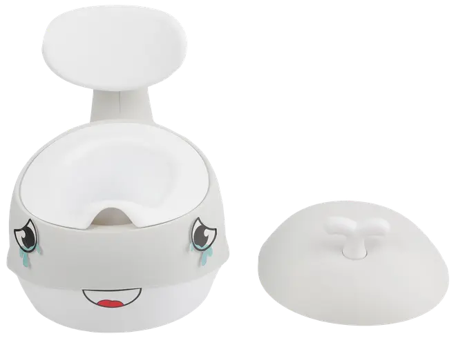 Vit plastpotta för småbarn med leende ansikte, hög rygg, löstagbar skål och separat lock. Har tecknade ögon och mun för barnvänlig design.