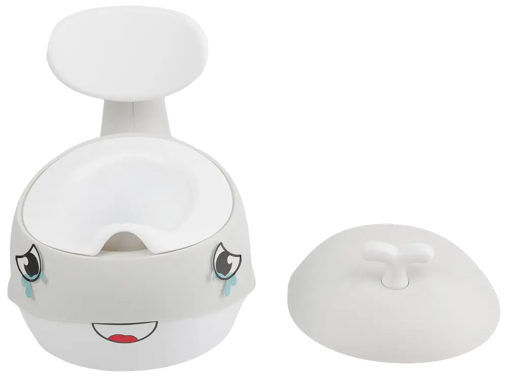 Vit plastpotta för småbarn med leende ansikte, hög rygg, löstagbar skål och separat lock. Har tecknade ögon och mun för barnvänlig design.