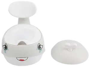 Vit plastpotta för småbarn med leende ansikte, hög rygg, löstagbar skål och separat lock. Har tecknade ögon och mun för barnvänlig design.