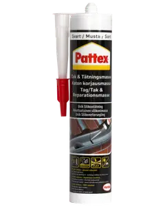 Pattex tagreparationsmasse, sort, 300 ml patron med dyse. Til vandtætning og tætning af tagfuger, revner og reparationer. Fleksibel, silikonebaseret, til udendørs brug.