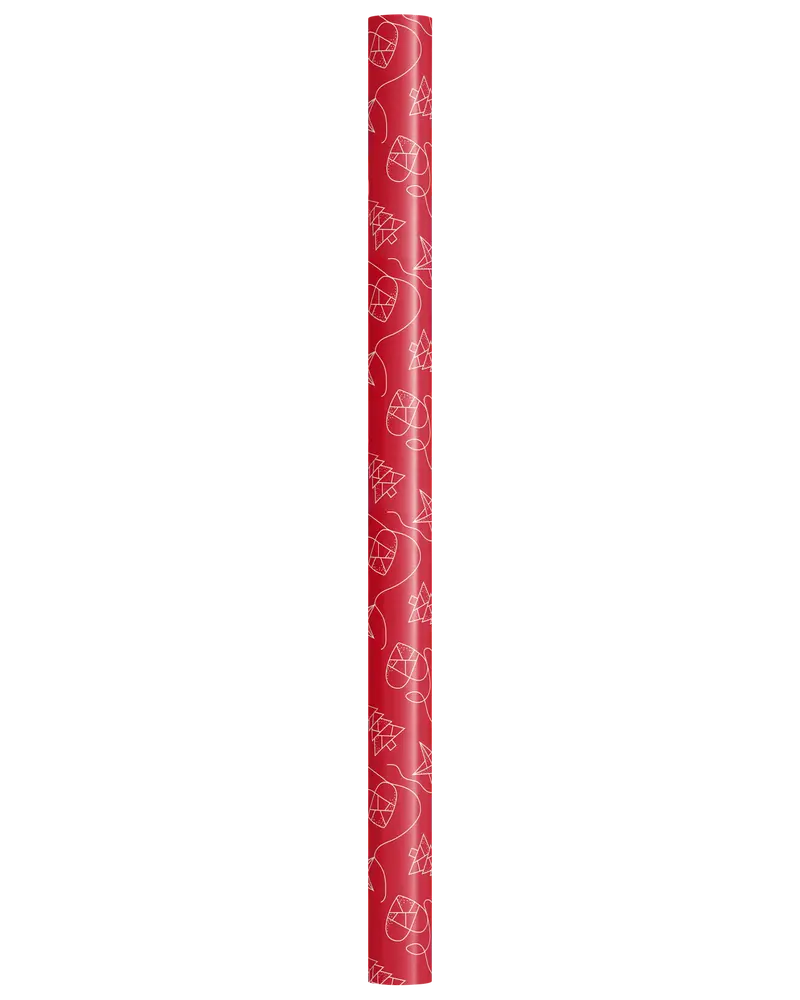 Röd rulle julklappspapper med vita konturer av julgranskulor och granar. Blank yta, standardstorlek, perfekt för inslagning av julklappar.