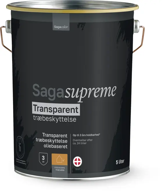 5 liters metalspand med Saga Supreme transparent træbeskyttelse, oliebaseret, til udendørs brug. Sort etiket, sølvlåg og håndtag, holdbarhed op til 3 år.