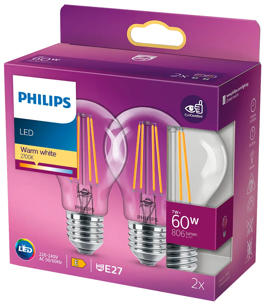 PHILIPS LED-filamentpære 7W E27 2-pak