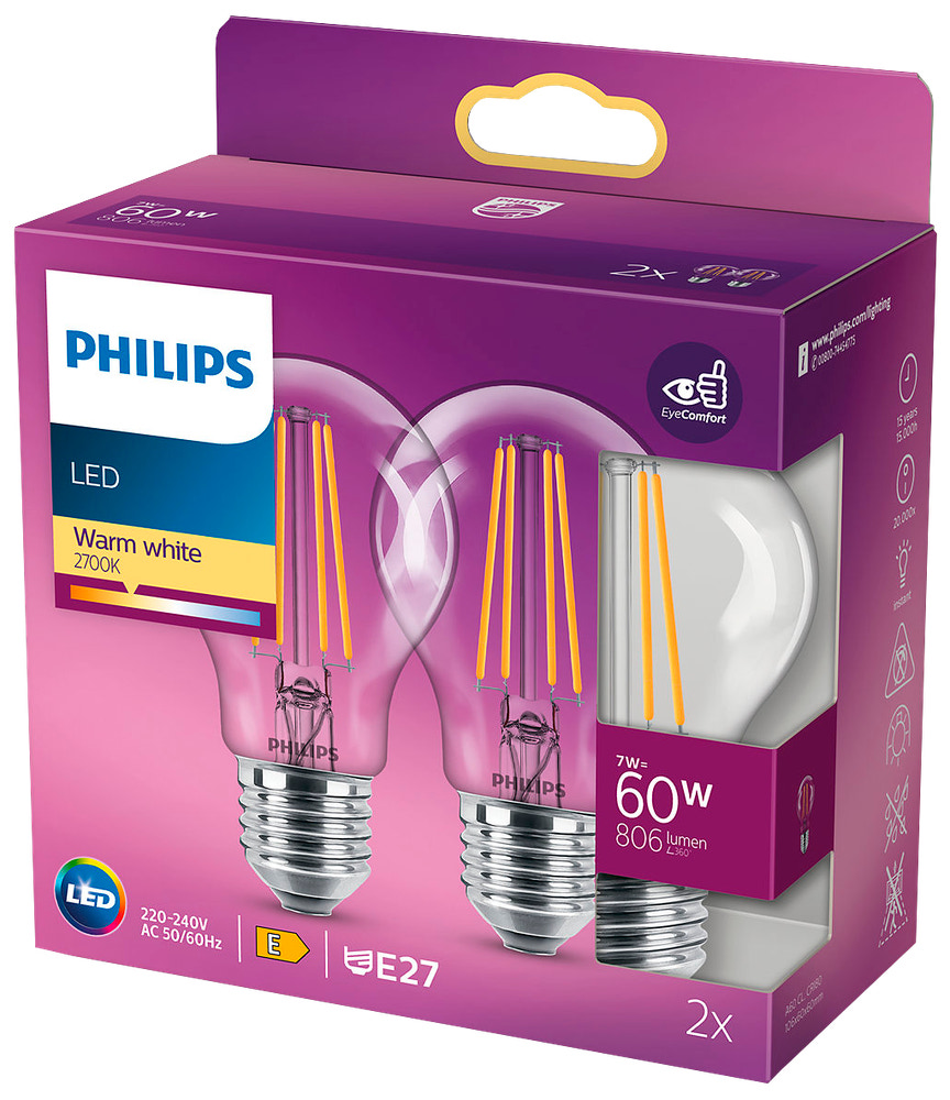 PHILIPS LED normallampa 7W E27 2-pack