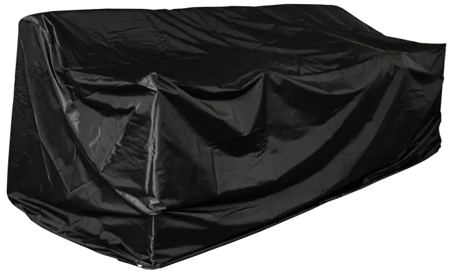 Sort, vandtæt møbelovertræk til udendørs brug. Rektangulær form, slidstærkt materiale, beskytter sofaer eller bænke mod regn, støv og sol. Med forstærkede syninger.