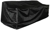 Sort, vandtæt møbelovertræk til udendørs brug. Rektangulær form, slidstærkt materiale, beskytter sofaer eller bænke mod regn, støv og sol. Med forstærkede syninger.