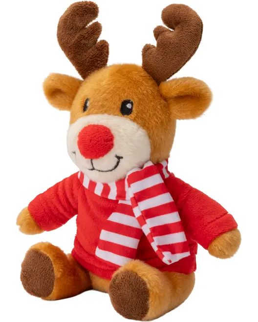 Plysset rensdyrbamse med brune gevirer, rød næse og smilende ansigt. Har rød trøje og rød-hvidstribet tørklæde. Blød, hyggelig og perfekt til juledekoration eller gave.