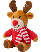 Plysset rensdyrbamse med brune gevirer, rød næse og smilende ansigt. Har rød trøje og rød-hvidstribet tørklæde. Blød, hyggelig og perfekt til juledekoration eller gave.