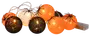 Ljusslinga med orange, svarta och vita bollar i vävd bomull, vissa dekorerade med spindlar. Batteridriven, passar till Halloween eller fest. Varmvita LED-lampor i varje boll.