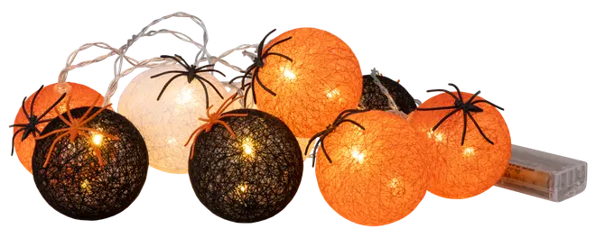 Ljusslinga med orange, svarta och vita bollar i vävd bomull, vissa dekorerade med spindlar. Batteridriven, passar till Halloween eller fest. Varmvita LED-lampor i varje boll.