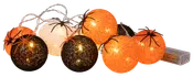 Lyskæde med orange, sorte og hvide kugler i vævet bomuld, nogle pyntet med edderkopper. Batteridrevet, perfekt til Halloween eller festlig dekoration. Varme hvide LED-pærer.