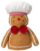 Mjuk pepparkaksdocka med vit kockmössa, röd randig pannband, röd rosett, två beige knappar och vita glasyrdetaljer. Leende ansikte med röda kinder.