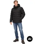 Sort quiltet pufferjakke med hætte, lynlåslukning foran, snøre detaljer og lynlåslommer i siderne, vist på en mandlig model. - Billedet er skabt med AI