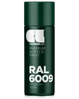 400 ml spraydåse med Cosmoslac premium akrylmaling i RAL 6009 fyrgrøn, mørkegrøn farve, tydeligt mærket for nem identifikation.