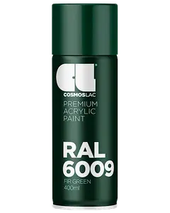 400 ml spraydåse med Cosmoslac premium akrylmaling i RAL 6009 fyrgrøn, mørkegrøn farve, tydeligt mærket for nem identifikation.