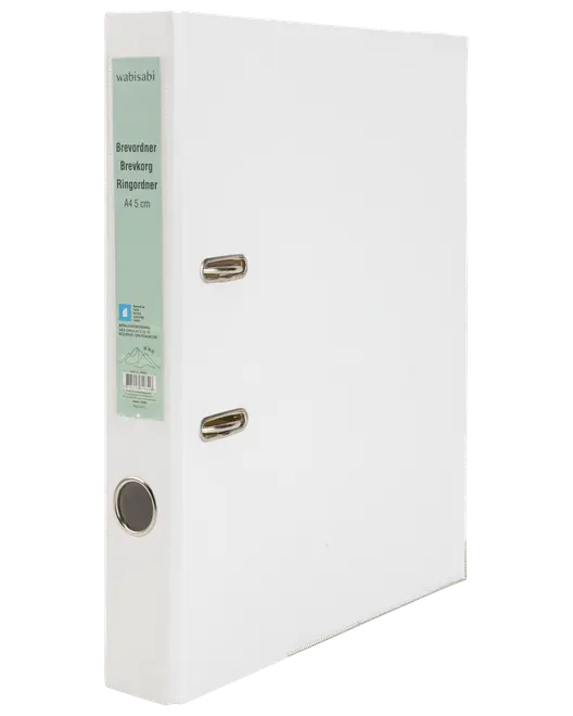 Vit A4-pärm med metallhål och två metallringar. Grön ryggetikett med produktinformation. Passar för dokumentorganisering, 5 cm ryggbredd.