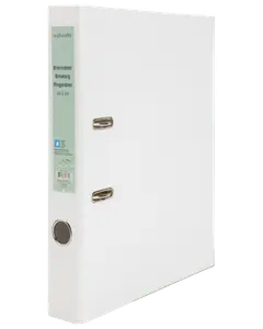 Hvid A4 ringbind med metal fingerhul og to metalringe. Grøn rygetiket med produktinformation. Velegnet til organisering af dokumenter, 5 cm rygbredde.